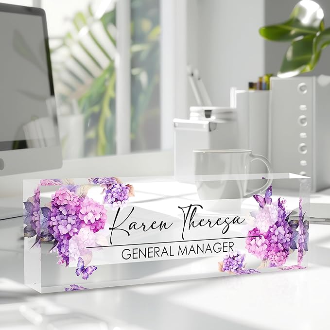 Custom Office Name Plate, Personalized Gifts for Women & Men, Appreciation Gifts for Employees, Boss, Teacher - Office Desk Accessory (Purple Hydrangea Flower)
