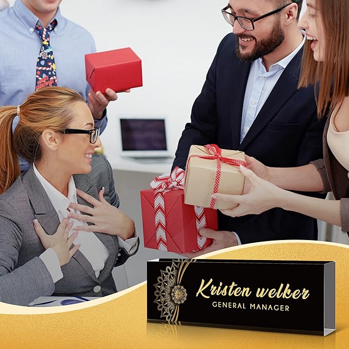 SalaGraphics Desk Name Plate Personalized, Custom for Desk, Office Decor Women Men, Acrylic Accessories, Gifts Coworkers Boss Teacher, Employee Appreciation (Black Flower), 8''(L)x2.5(W)