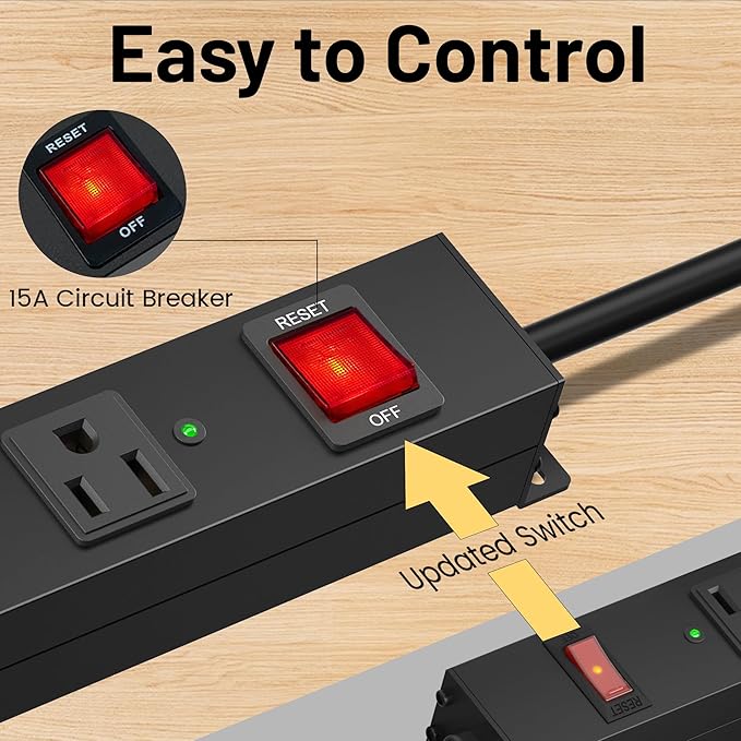 KF 6 Outlets Heavy Duty Power Strip with 2100J Surge Protection and 15A Circuit Breker,6 Wide-Spaced Outlets in Metal Housing,Wall Mount with 8FT Extension Cord for Organized Home,Office,Garage