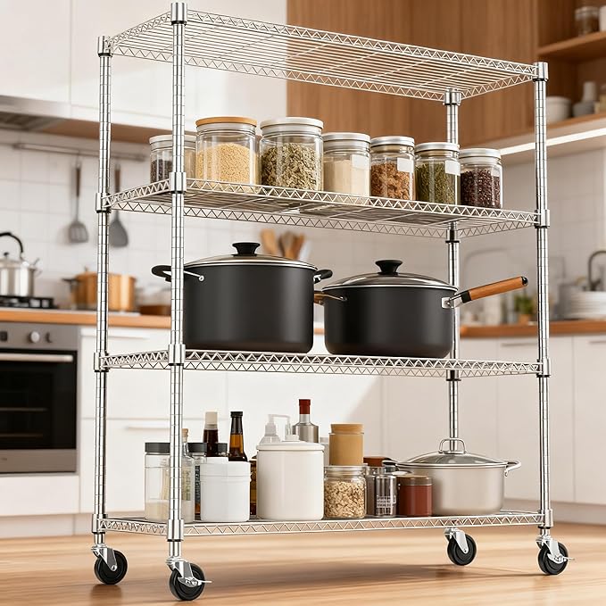 4 Tiers Shelf 1400 lbs Steel Storage Shelving Utility Shelving Unit Steel Organizer Wire Rack for Home,Kitchen,Office,Garage Chrome 17.7" D x 47.2" W x 62.6" H