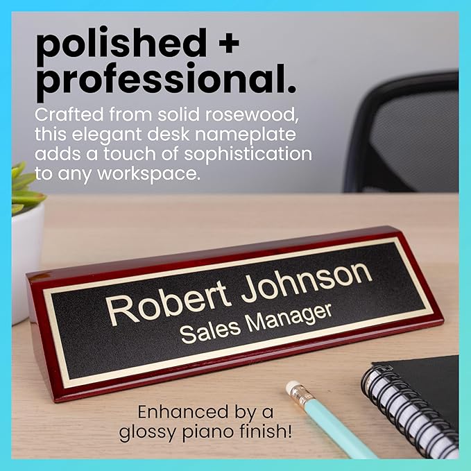 ExcelMark Personalized Rosewood Business Desk Black Name Plate with Gold Letters - 2"x 8"