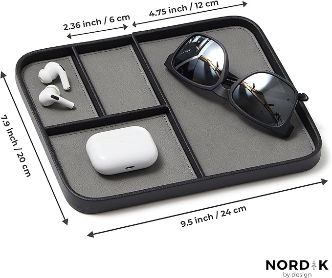 Nordik Leather Valet Tray - Pebble Black - 9.5 x 7.9 Inch Medium Vegan Leather Tray - Stylish Nightstand Organizer for Men - Modern Bedside Caddy - EDC Catchall for Key Watch Wallet Jewellery