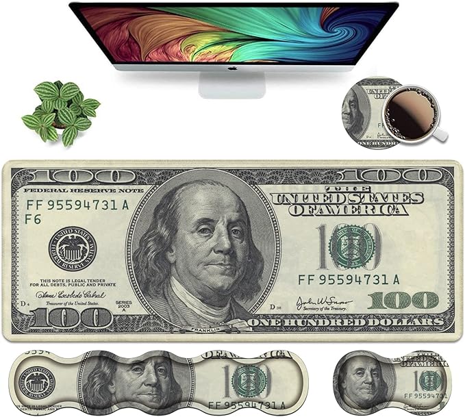 Ergonomic Keyboard Wrist Rest and Mouse Pad Wrist Rest Set, Large XXL Gaming Mousepad 31.5"x 11.8", Memory Foam, Easy Typing Pain Relief, Multifunctional Desk Mat for Office & Home, 100 Dollar Bill