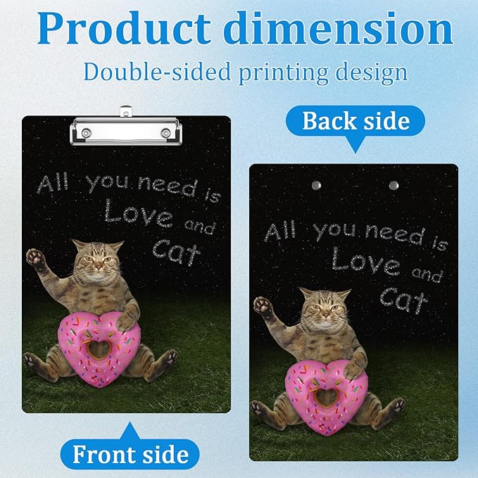 Funny Cat Heart Donut Clipboard Decorative Clip Board with Metal Clip A4 Standard Size 12.5" X 8.7" for Teacher Students Nurses Office