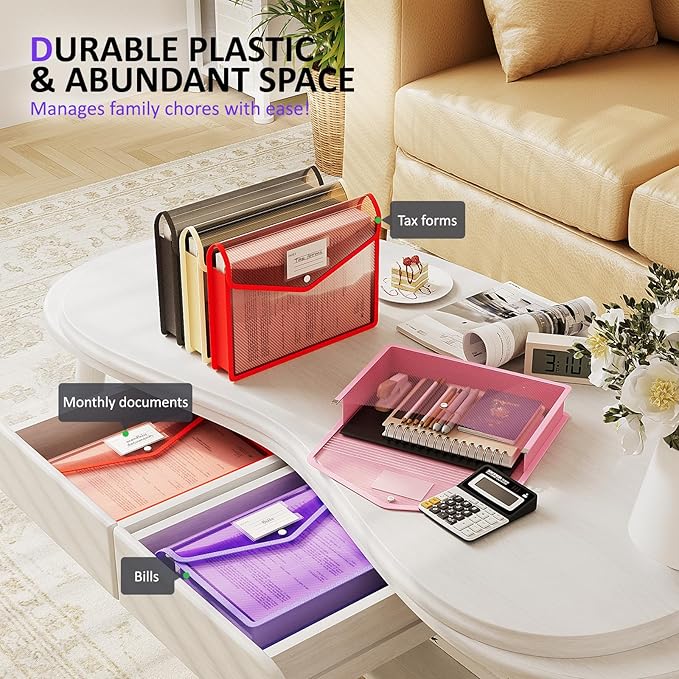 ThinkTex Plastic Expanding File Folder, Transparent Envelopes with Snap Closure,Suitable for Home, Office, School and Hospital, Large Capacity，No Dividers, 5 Colors, Fit Letter/A4 Size-10 Pcs
