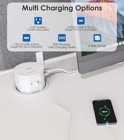 ANNQUAN 4.75" Pop Up Outlet with 65W USB-C,15W Wireless Charger,4 Outlets,3 USB Ports,Pop Up Countertop Receptacle Outlet for Home Office Kitchen