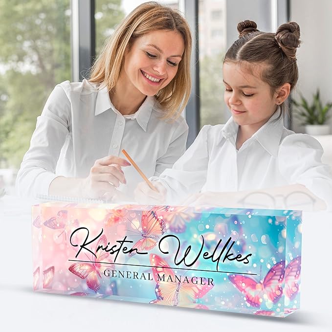 Personalized Name Plate for Desk Custom Acrylic Desk Name Plate Custom Employee Appreciation Gifts Office Gifts for Women, Men, Boss, Coworkers, Teacher, Nurse (Pink-Blue Butterfly)