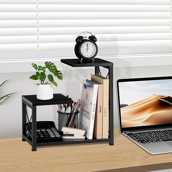 Desk Shelf Organizer, 3 Tier Storage Shelf Riser Display Stand, Wood Desktop Organizer Small Bookshelf, Desktop Shelf for Office Decor and Desk Accessories,Rustic Brown Black