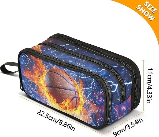 Basketball Lightning Fire Pencil Case Box for kids Teens Boys Girls Large Pencil Pouch with Zipper Compartments Big Capacity Stationery Pen Bag Organizer for Kids Teens Adults School Office