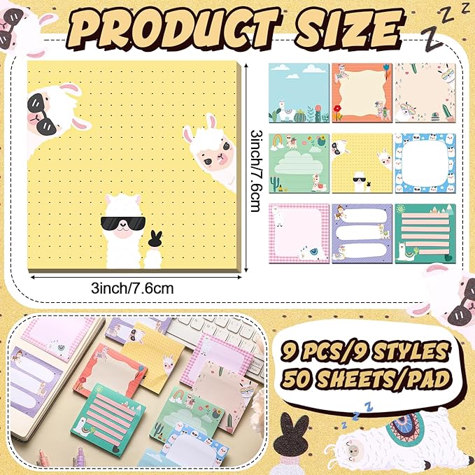 9 Pads Llama Sticky Notes Cartoon Self Stick Notepads 3x3 Inches Notes Adhesive Memo Pad Office Decor Gifts for Students School Teacher Office Meeting