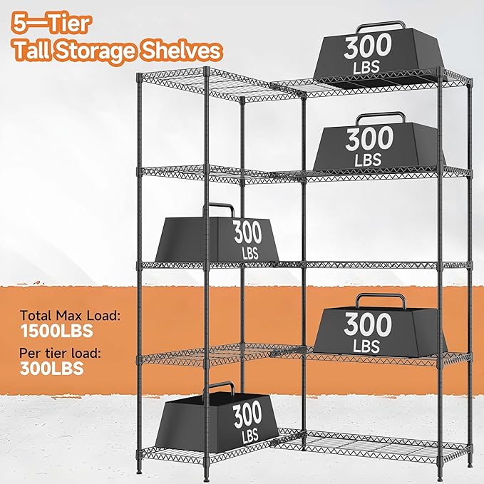 5 Tiers Storage Shelves Load 1500LBS, Metal Shelving Wire Metal Shelving Unit Shelves for Storage Adjustable Garage Shelving for Pantry Kitchen Garage Black 15.8" D x 33.5" W x 70.5" H