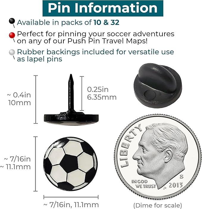 Soccer Ball Push Pins for Cork Boards and Maps, Designed in The USA, Golf Ball Pins, Set of 32