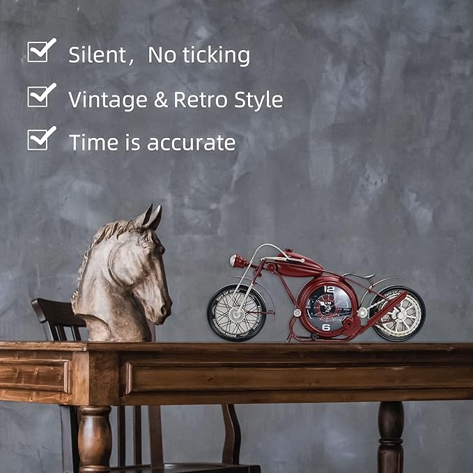 YOUKI Metal Motorcycle Wall Clock,Desk Shelf Clocks Digital Clock for Bedroom,Retro Vintage Non-Ticking Table Clock Battery Operated Silent,Easy to Read,Wall Art16.9 * 1.5 * 7.5 Inches,Red