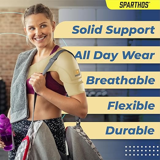 Sparthos Shoulder Brace - Support Sleeve for Torn Rotator Cuff, AC Joint Pain Relief - Arm Immobilizer Wrap, Ice Pack Pocket, Stability Strap, Dislocated Sholder - for Men and Women - Beige UNI