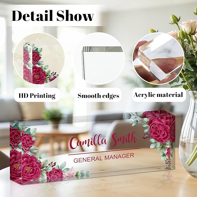Personalized Name Plate for Desk, Custom Acrylic Desk Name Sign, Office Appreciation Gifts for Women Men Coworkers Boss Teacher Employee (Flower-Rose)