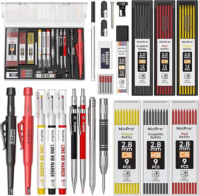 Nicpro 24PCS CP3000 Mechanical Carpenter Pencil Set with Sharpener & Sheath, Lead Refills, Long Nib Marker, Center Punch, Carbide Scribe Tools, Heavy Duty Construction Pencil for Architect Woodworking