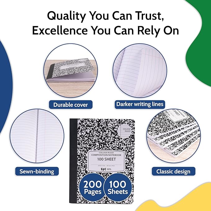 EPI 12 Pack College Ruled Composition Notebook Black - 200 Pages (100 Sheets), 9-3/4 x 7-½ - Classroom Back to School Supplies, Heavy Duty, Durable Hardcover Office Notebooks, Sewn