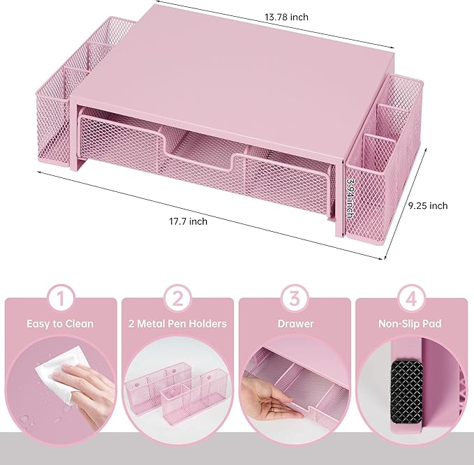 Computer Monitor Stand Riser with Drawer and Pen Holders, Desk Organizer Shelf and Accessories, Office Desk Accessories, Office Organization, Pink