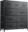 WLIVE 9-Drawer Dresser, Fabric Storage Tower for Bedroom, Entryway, Closet, Tall Chest Organizer Unit with Fabric Bins, Steel Frame, Wood Top, Easy Pull Handle, Charcoal Black Wood Grain Print