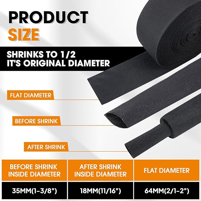 Black 2:1 Ratio Automotive Heat Shrink Braided Sleeving,Wear-Resistant Flat Woven Shrinkable Sleeve Fabric Car Cable Wires Hoses Protection (1-3/8"-66ft)