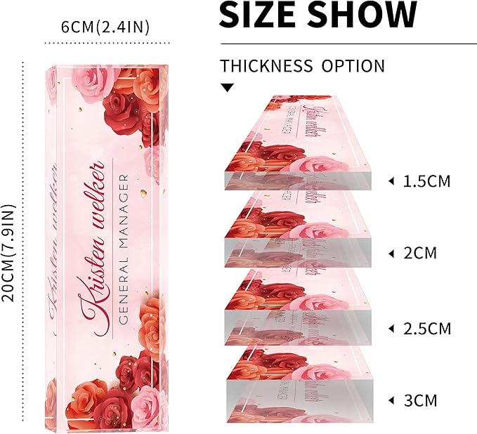 Desk Name Plate Personalized, Custom Name Plates for Desks, Office Desk Decor, Rose Design Clear Acrylic Glass Block, Personalized Office Gifts for Women Men Boss Teachers Coworkers Appreciation Gifts