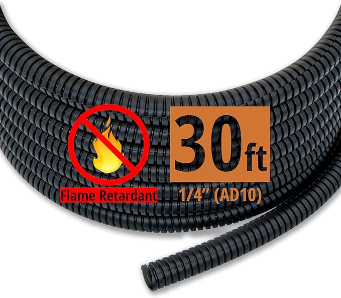 30ft - 1/4 inch (AD10) Flame Retardant Split Wire Loom Tubing - Sleeves for Electric Cables, Flexible Wire Covers Cord Protectors - Black