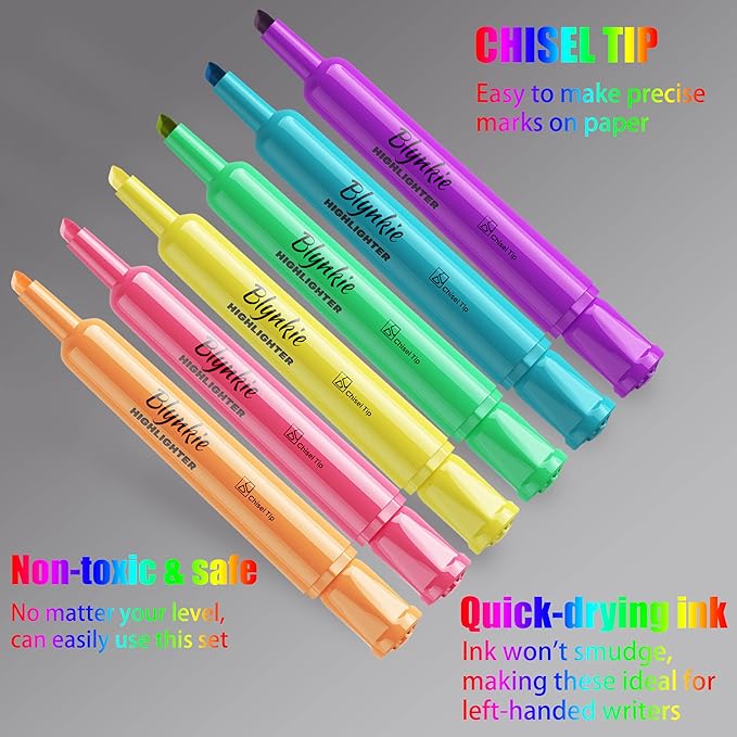 Blynkie Highlighters Bulk 120 Pack of 6 Bright Colors Tank Style Chisel Tip Highlighters Set for Adult Coloring Highlighting for Office Supplies and Shop Short Style.