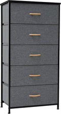 Crestlive Products Vertical Dresser Storage Tower - Sturdy Steel Frame, Wood Top, Easy Pull Fabric Bins - Wide Organizer Unit for Bedroom, Hallway, Entryway, Closets - 5 Drawers(Gray)