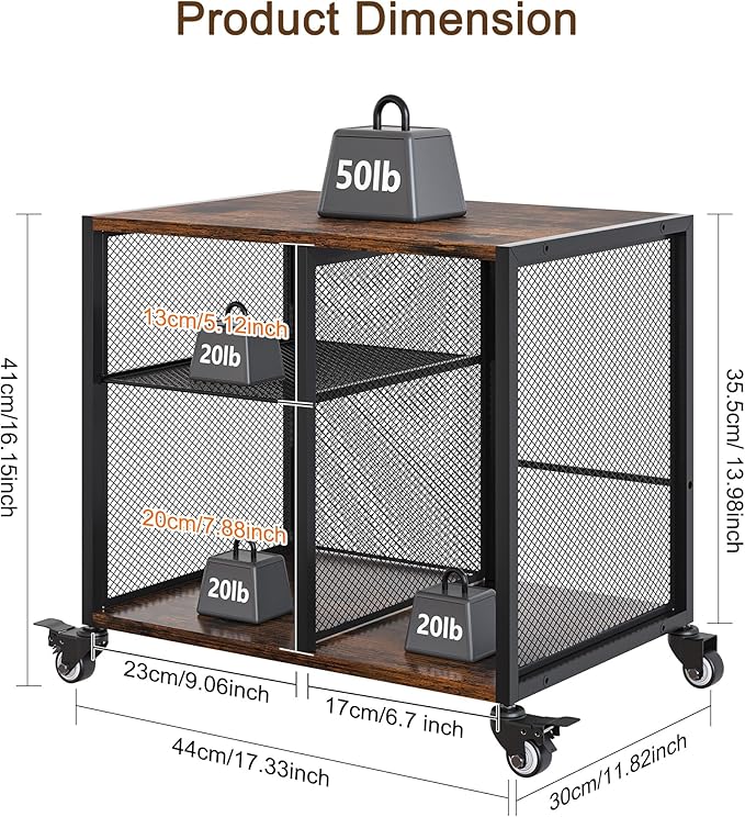 Under Desk Printer Stand - 3 Tier Rolling Printer Cart with Adjustable Shelves & Lockable Wheels, Heavy-Duty Standing Desk Storage Rack for Home, Office, Rustic Brown