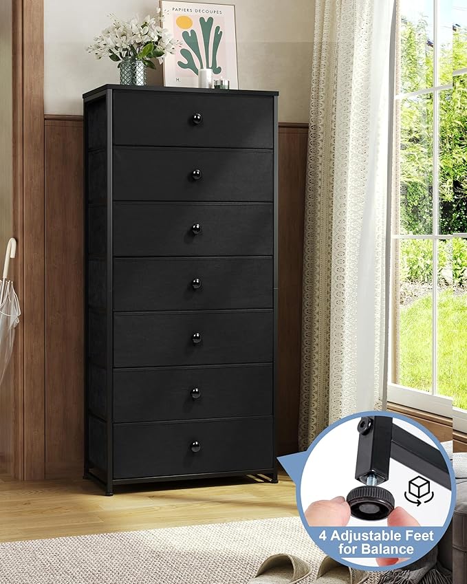 Crestlive Products Tall Dresser, 7-Drawer Wide Fabirc Storage Tower, Chests of Drawers - Vertical Organizer Unit for Bedroom, Hallway, Entryway, Nursery, Wood Top, Closets with Handles (Black)