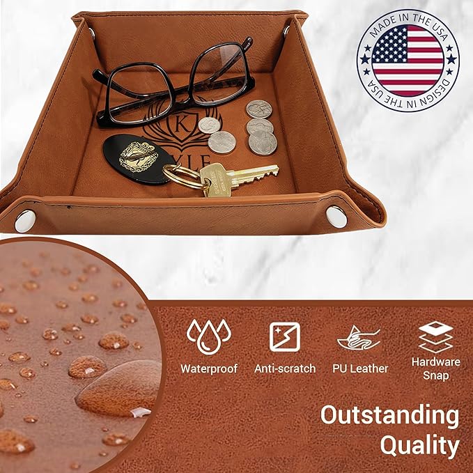 Personalized Valet Tray, Custom Engraved Leather Keys Tray for Men - Catchall Tray Organizer for Entryway Table, Unique Dad Birthday Gift from Daughter Son, Father Day