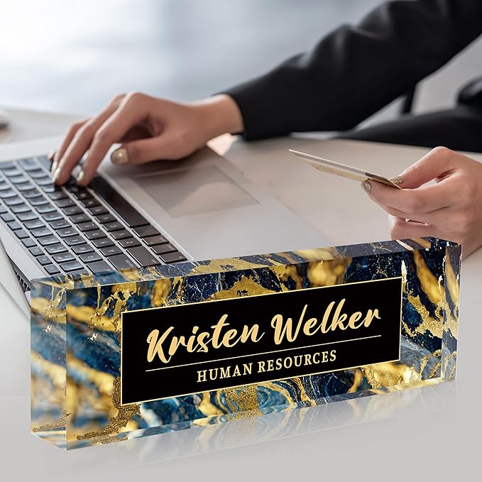 Desk Name Plate Personalized, Premium Black Gold Marble Acrylic Desk Name Plate, Personalized Name Plate for Desk, Office Decor for Women or Men Coworkers, Boss, Employee, Teacher