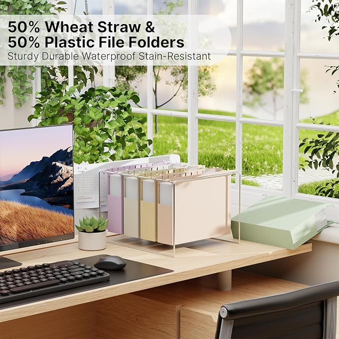 Wheat Straw Hanging File Folders Letter Size Extra Capacity,Heavy Duty 2'' Expandable File Cabinet Folders,12 Pack Pastel File Folders Hanging with Tabs,Hanging File Organizer for Office School