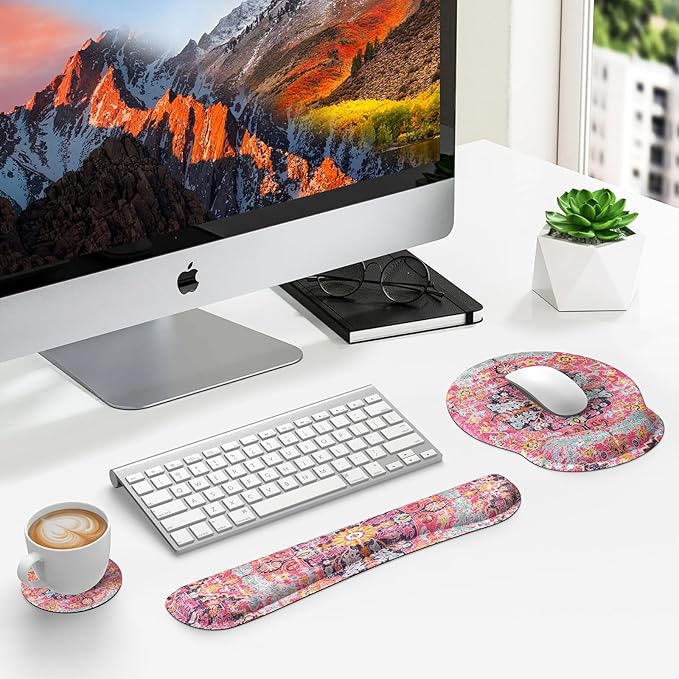 iLeadon Ergonomic Mouse Pad Set with Wrist Rest, Boho Design, Easy Typing & Pain Relief, Non-Slip Base for Home, Fuchsia
