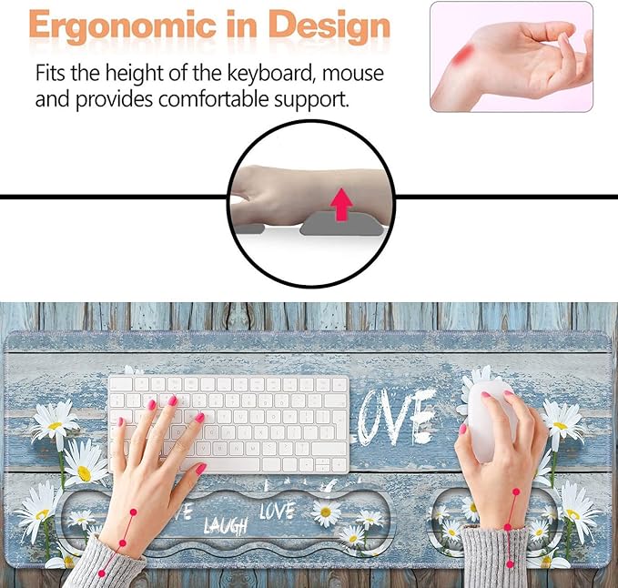 Ergonomic Keyboard Wrist Rest and Mouse Pad Wrist Rest Set,Dreamy Daisy Vintage Wood Board Live Laugh Love Large XXL Gaming Desk Mat 31.5"x 11.8",Non-Slip Base, Memory Foam,Easy Typing Pain Relief