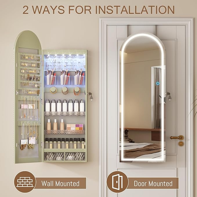 LVSOMT Wall Mounted Jewelry Organizer Lockable, Door Hanging Arched Mirror with Lights and Jewelry Storage, 6 LEDs Jewelry Cabinet (Laurel Green)