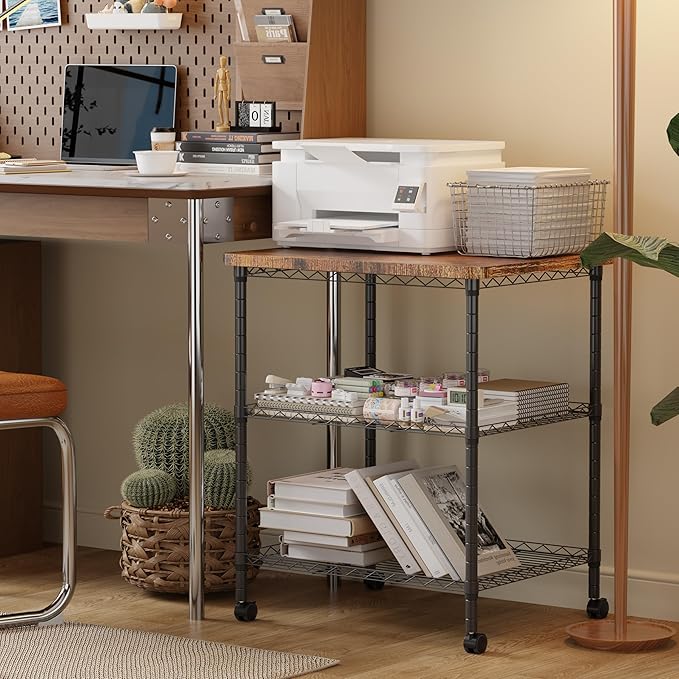 Printer Stand with Locking Wheels, Adjustable Heights 3 Tier Under Desk Table, Rolling Printer Cart Storage Paper Files Holder for Desk, Office, Home, Rustic Brown