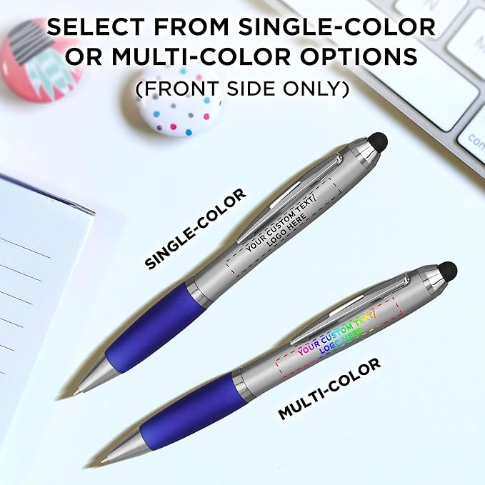 DISCOUNT PROMOS Custom Stylus Ballpoint Pens Set of 100, Personalized Bulk Pack - Black Ink, Great for Office, School, Business, Tradeshows, Events - Blue