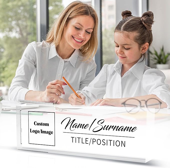 Personalized Name Plate for Desk Custom Acrylic Desk Name Plate Custom Employee Appreciation Gifts Office Gifts for Women, Men, Boss, Coworkers, Teacher, Nurse (Logo/Image)