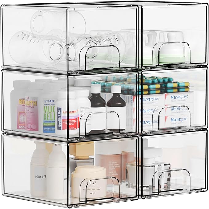 4.4" Tall Small Clear Acrylic Stackable Storage Drawers for Vanity,Under Sink,Bathroom Closet,Medicine Cabinet Organization and Plastic Storage Bins for Organizing Makeup,Baby Bottles,Pacifier,6 PCS