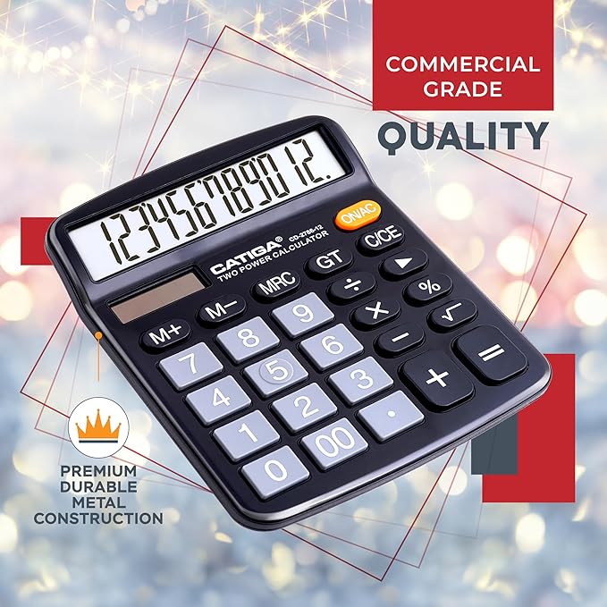 CATIGA Desktop Calculator (2 Pack) 12 Digit with Large LCD Display and Sensitive Button, Solar and Battery Dual Power, Standard Function for Office, Home, School, CD-2786 (2 Black)