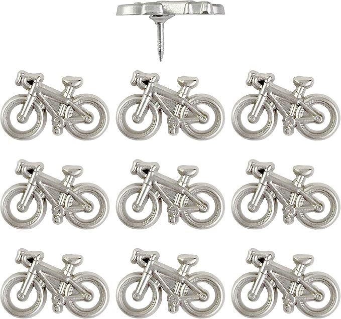 Bicycle Push Pins - Silver Metal Bike Pins - for Cork Board, Maps, or Lapel Pin Use - Designed in USA - Set of 10