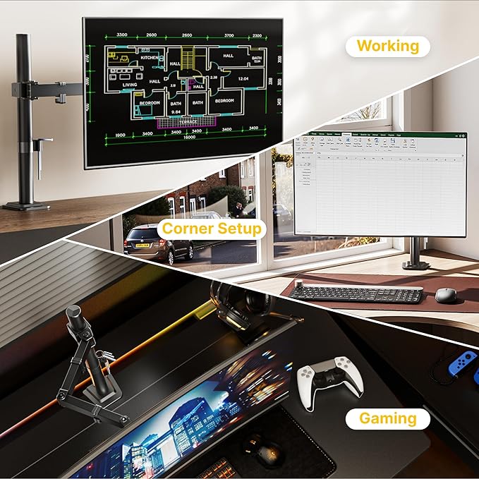 monTEK Single Monitor Stand for 17-32 inches Screen, Fully Adjustable Monitor Arm Desk Mount up to 22lbs Capacity, Computer Mount with C Clamp and Grommet Base, Max VESA 100x100mm