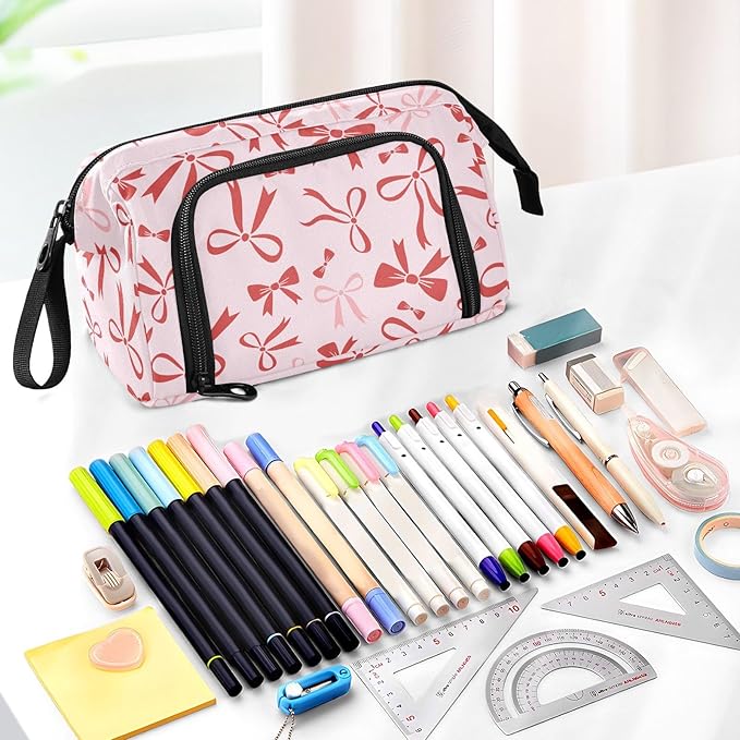 Bow Pink Pencil Case Pouch Big Capacity Pencil Bag Box Organizer Pen Case with Handle Stationery Organizer for Kids Boys Girls Women College Office