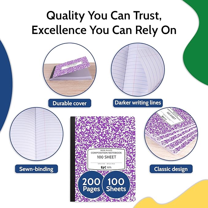 EPI 48 Pack - Purple Marble Composition Notebook - Wide Ruled 200 Page Note Book - 9.75 x 7.5 Inch Hardcover Journal with Sewn Binding for Secure Pages - Classroom Back To School Supplies