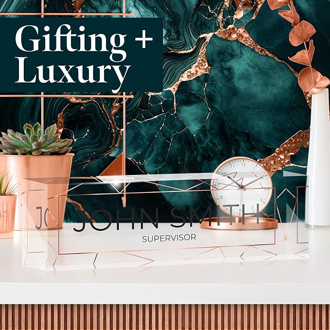 Desk Name Plate Personalized, Custom Name Plates, 2½/x8 Inches, Thick Crystal-Clear Acrylic, Gift Box, Office Desk Decor. USA Made by ACRYLUXE (White)