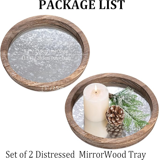 Hanobe Round Wood Decorative Tray: Set of 2 Farmhouse Wooden Galvanized Trays for Coffee Table Centerpiece Rustic Vintage Candle Platter for Ottoman Home Decor Kitchen Bathroom Bar Countertop