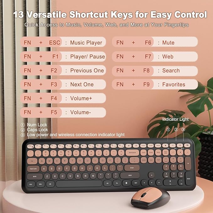 HotFox Wireless Keyboard and Mouse Combo, Full-Size Retro Typewriter Keyboard with Round Keycaps, Ergonomic Design for Windows PC, Home and Office Use -Red