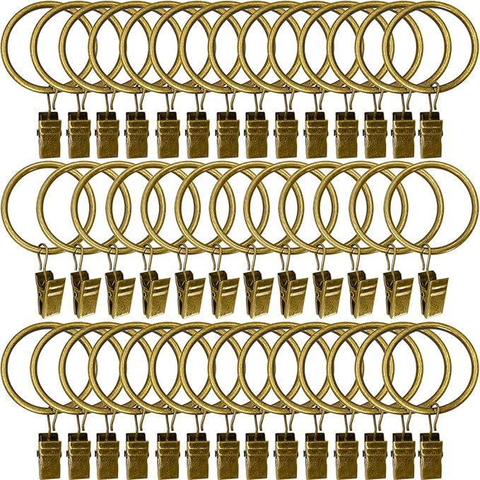 AMZSEVEN 40 Pack Metal Curtain Rings with Clips, Drapery Clips Hooks, Decorative Curtain Rod Clips 1.5 in Interior Diameter, Antique Bronze