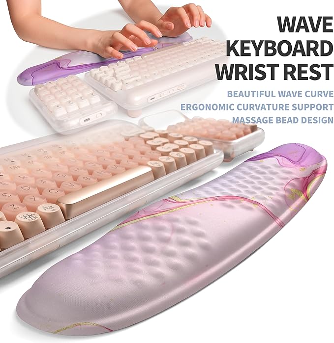 2-in-1 Ergonomic Set, Wave Keyboard Wrist Rest and Massage Slope Mouse Pad Wrist Support, Rebound Memory Foam for Relieve Carpal Tunnel Syndrome and Wrist Pain (Pink Purple Marble)